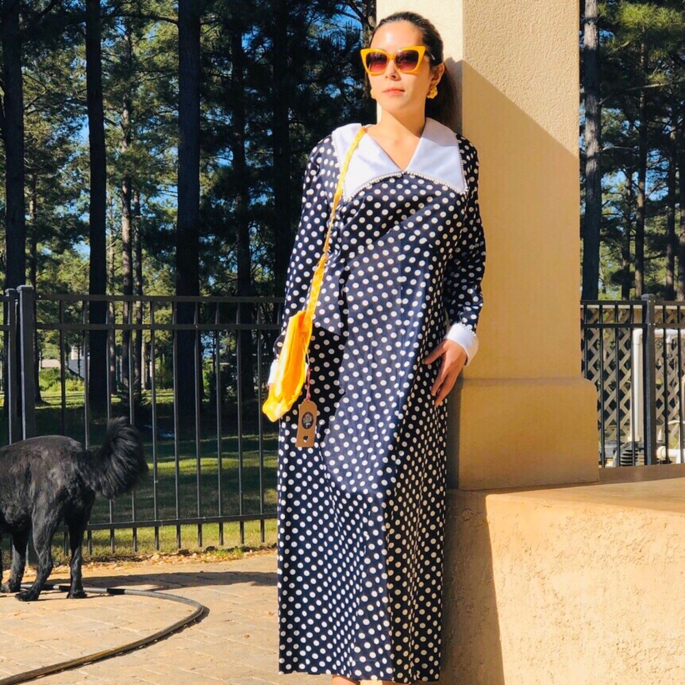 1970s PETER PAN/DAGGER COLLAR POLKA DOT MAXI DRESS